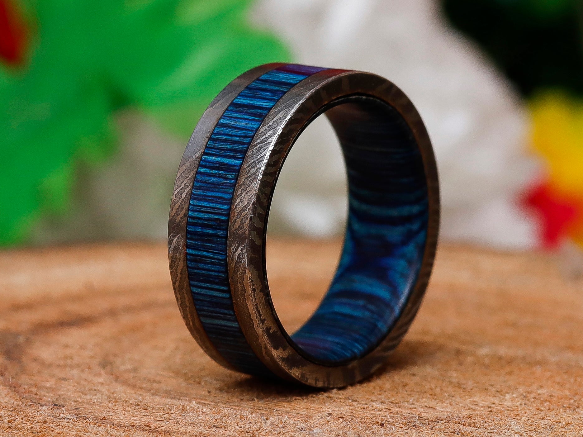 Engagement Beautiful Custom Handmade Steel Ring Damascus Wooden Inlay ...