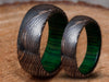 Damascus Steel Handmade Green Wood Whiskey Barrel Ring Mens Wedding Band Unique Engagement Damascus Steel Ring